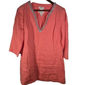 Malvin Coral Embelished V Neck Linen Tunic Womens XL Beachy Boho Artsy